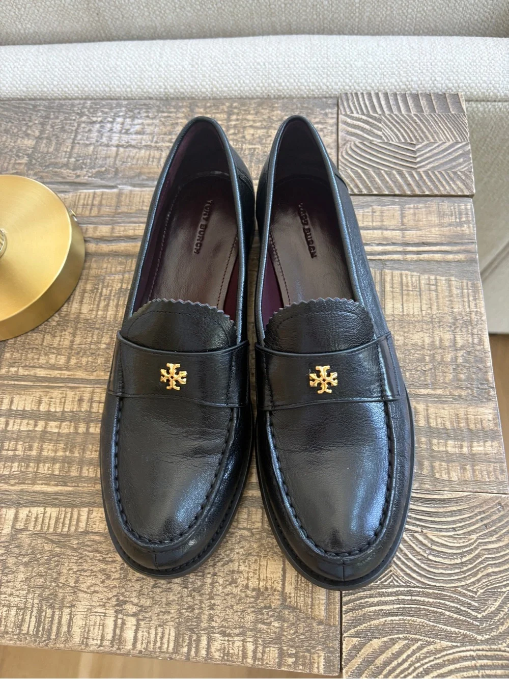 Tory Burch Black Leather Loafers with Gold Logo Accent